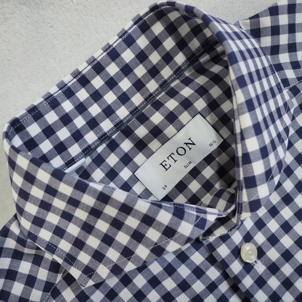 Eton Navy and White Gingham Button-Down Shirt - Picture 4 of 13